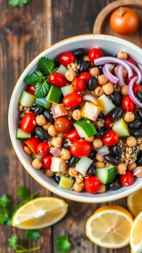 Mediterranean three-bean quinoa salad in a bowl with beans, tomatoes, cucumber, and parsley, on a wooden table.